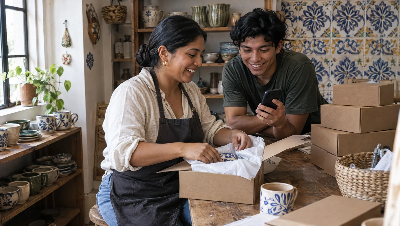 Emprendedora mexicana empacando un pedido en su taller de cerámica