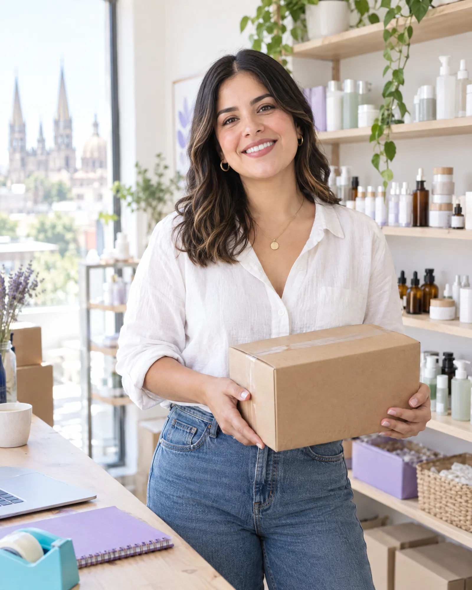 Dueña de una marca de cosméticos con un pedido listo para enviar