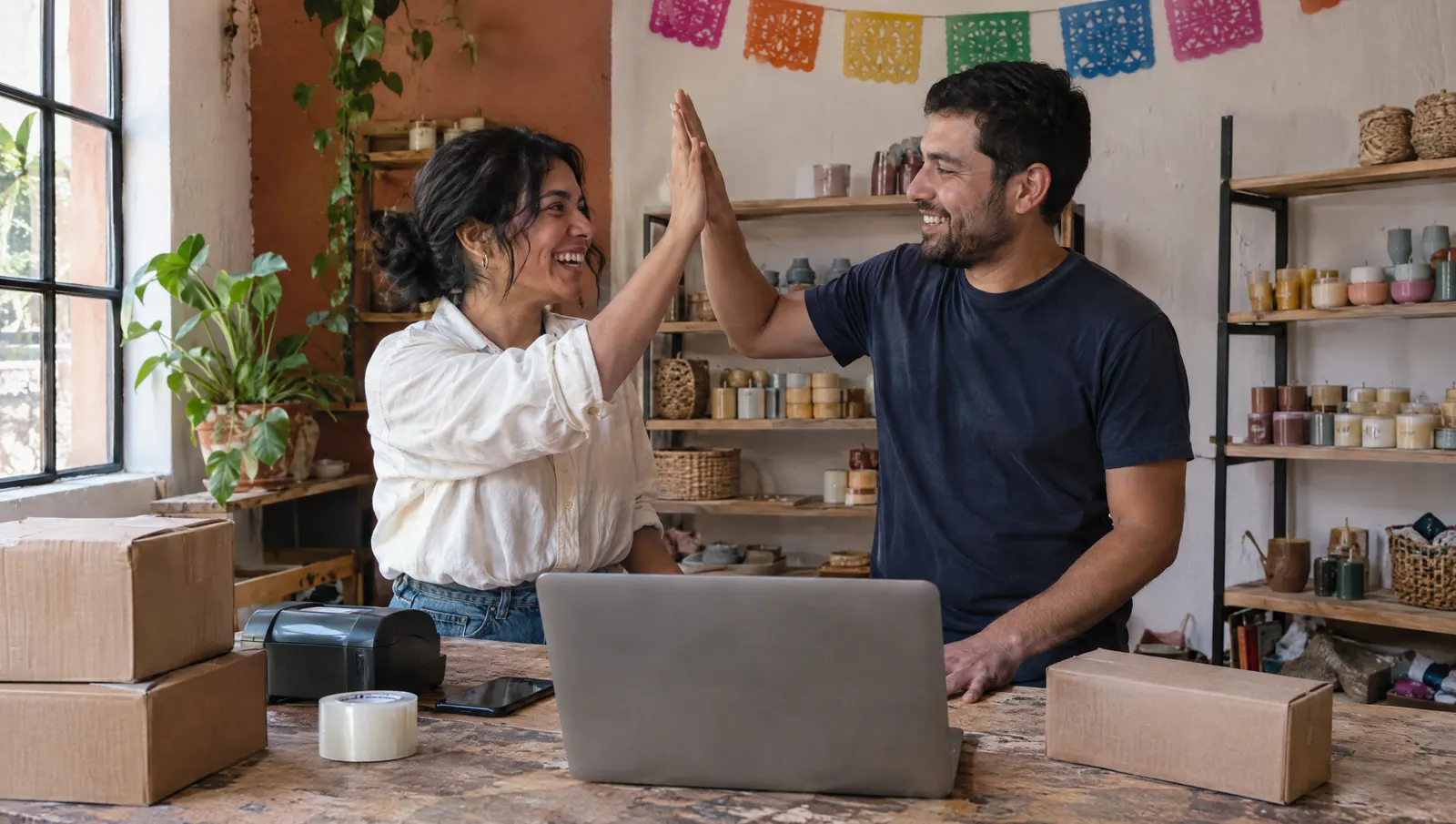 Socios de un negocio mexicano celebrando entre cajas listas para enviar